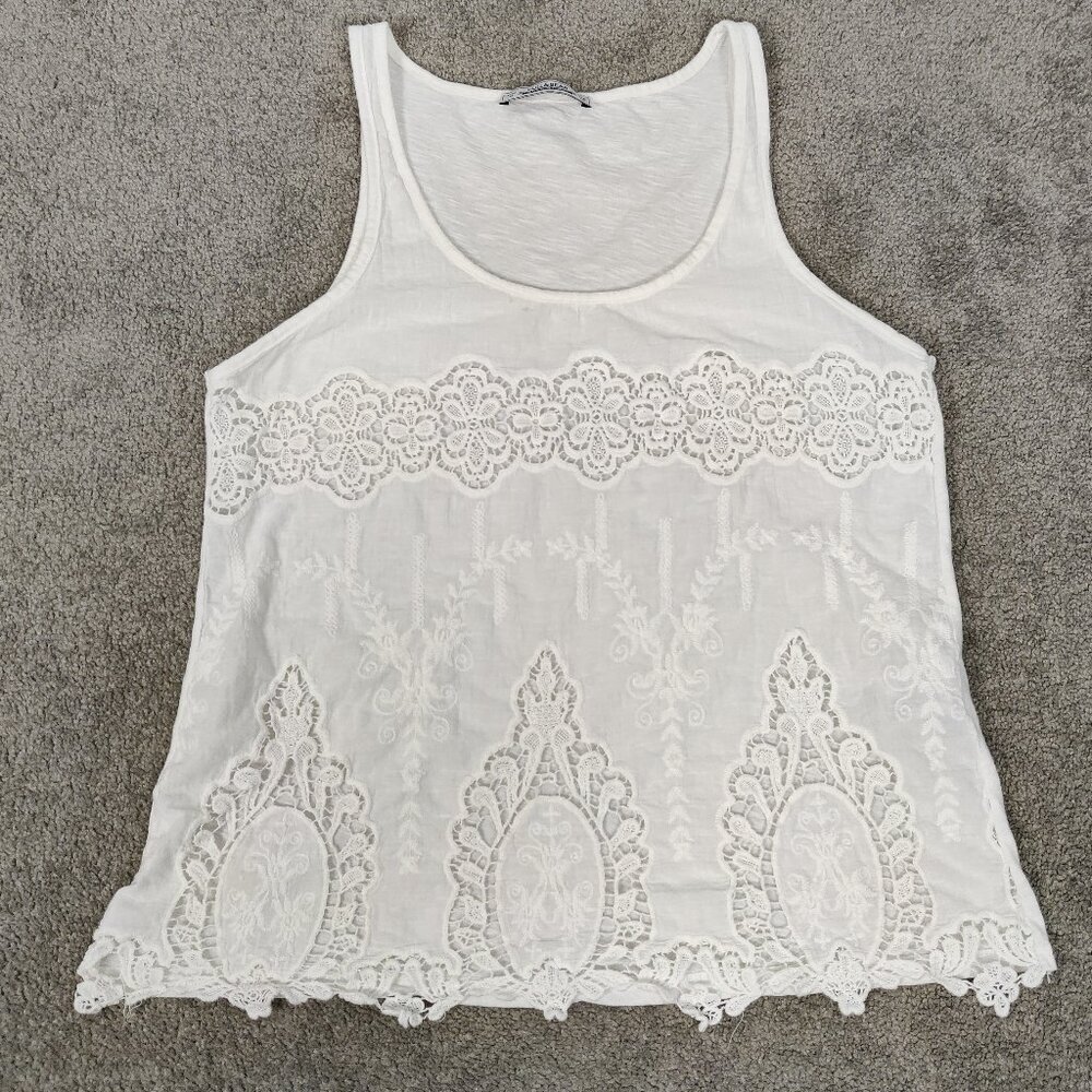 Pull&Bear Women's Blouse Size S White Cotton Boho Cutwork Openwork Beach Resort